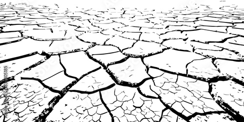 Minimalist cracked earth texture in black and white, featuring dried soil patterns with bold contrast. High-resolution abstract background ideal for environmental, nature, and design themes.