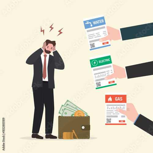 Unfortunate man has no money to pay his utility bills. Bankruptcy, poverty. Hands of businessmen hold paper checks with overdue debts.