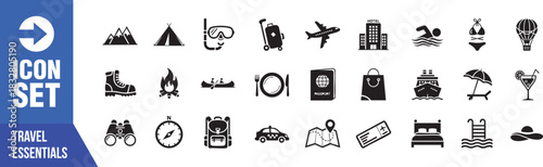 Plan your exciting vacation with this complete travel essentials icon set, featuring everything from mountains to beaches, perfect for brochures and apps