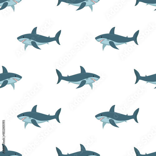 Shark under water, seamless pattern. Wallpaper template with wild animals. texture with underwater world, fishes on white background.