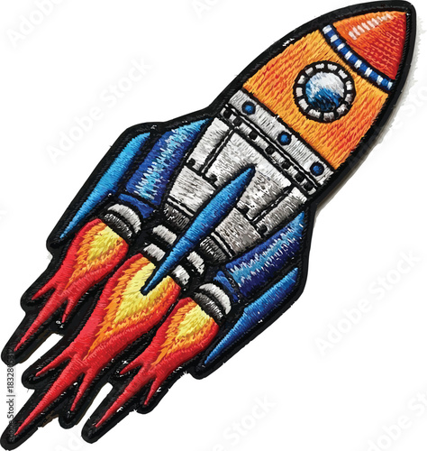 Vibrant rocket ship patch with fiery thrusters soaring through space, perfect for kids' apparel, branding, and playful design elements