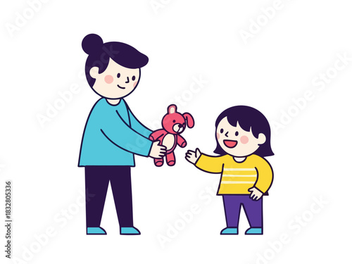 Illustration of a person giving a bunny toy to a child, symbolizing care and generosity