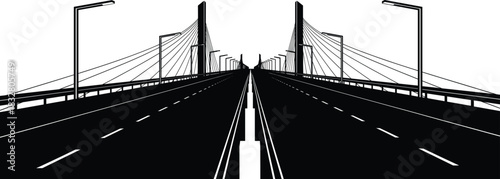 Cable-stayed bridge silhouette—vector of symmetrical urban overpass with pylons, cables, and vanishing point perspective