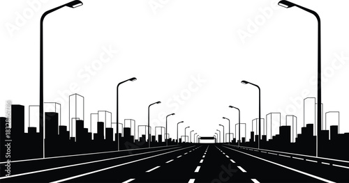 Urban road perspective silhouette—vector of city skyline with streetlights and vanishing point depth