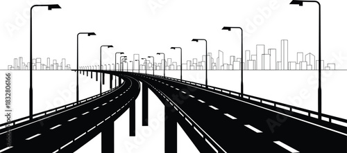 Elevated highway with city skyline silhouette—vector of curved overpass with streetlights and urban buildings