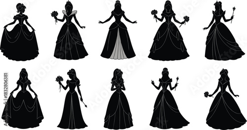 Princess silhouette pack—vector of ten elegant ball gown poses with tiaras, flowers, and wands