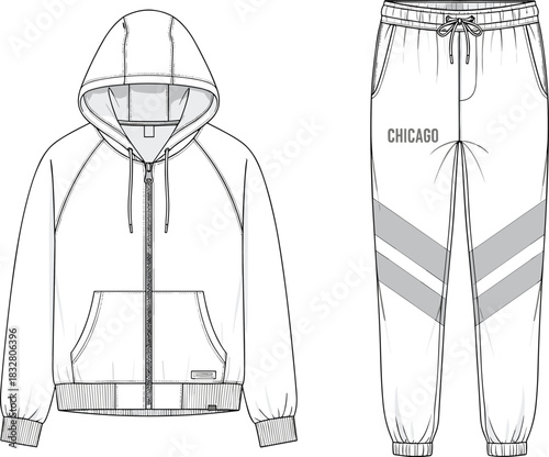Technical fashion flat sketch of men's Chicago-themed full-zip raglan hooded tracksuit, featuring contrast reflective tape on the jogger pants, and elasticized cuffs and hem,
