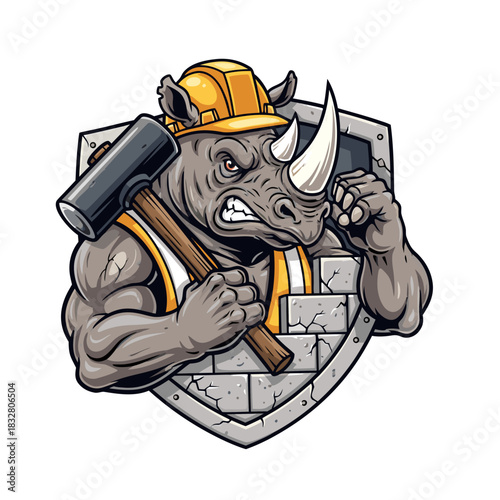 Strong rhinoceros construction worker with a sledgehammer and brick wall emblem