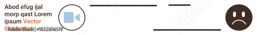 Communication, feedback, media interactions, virtual meetings, emotional expression, user engagement. A video camera icon paired with a frowning face. Communication and feedback visualization concept