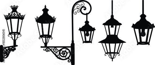 Vintage street lamp silhouette pack—vector of five ornate lighting designs with scrollwork and hanging fixtures