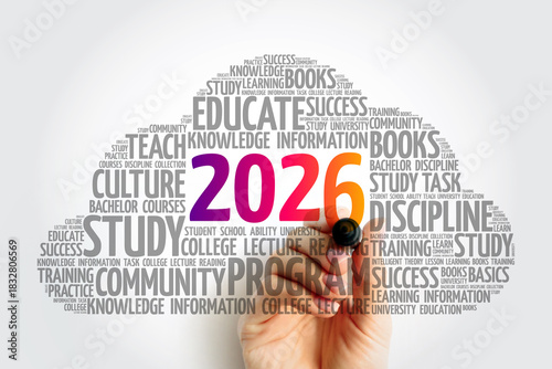 2026 in bright colors centered within a grey education-themed word cloud containing study, books, knowledge, culture, discipline, and community, with a hand writing the year