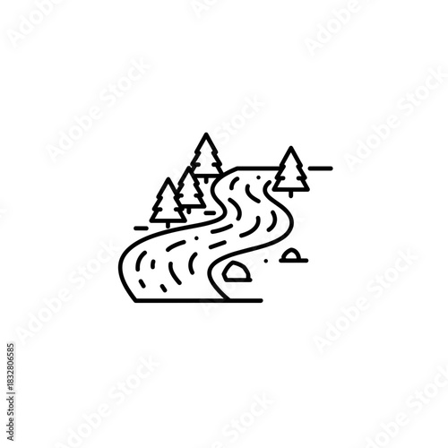 River landscape with winding water and pine trees, nature tourism and outdoor recreation