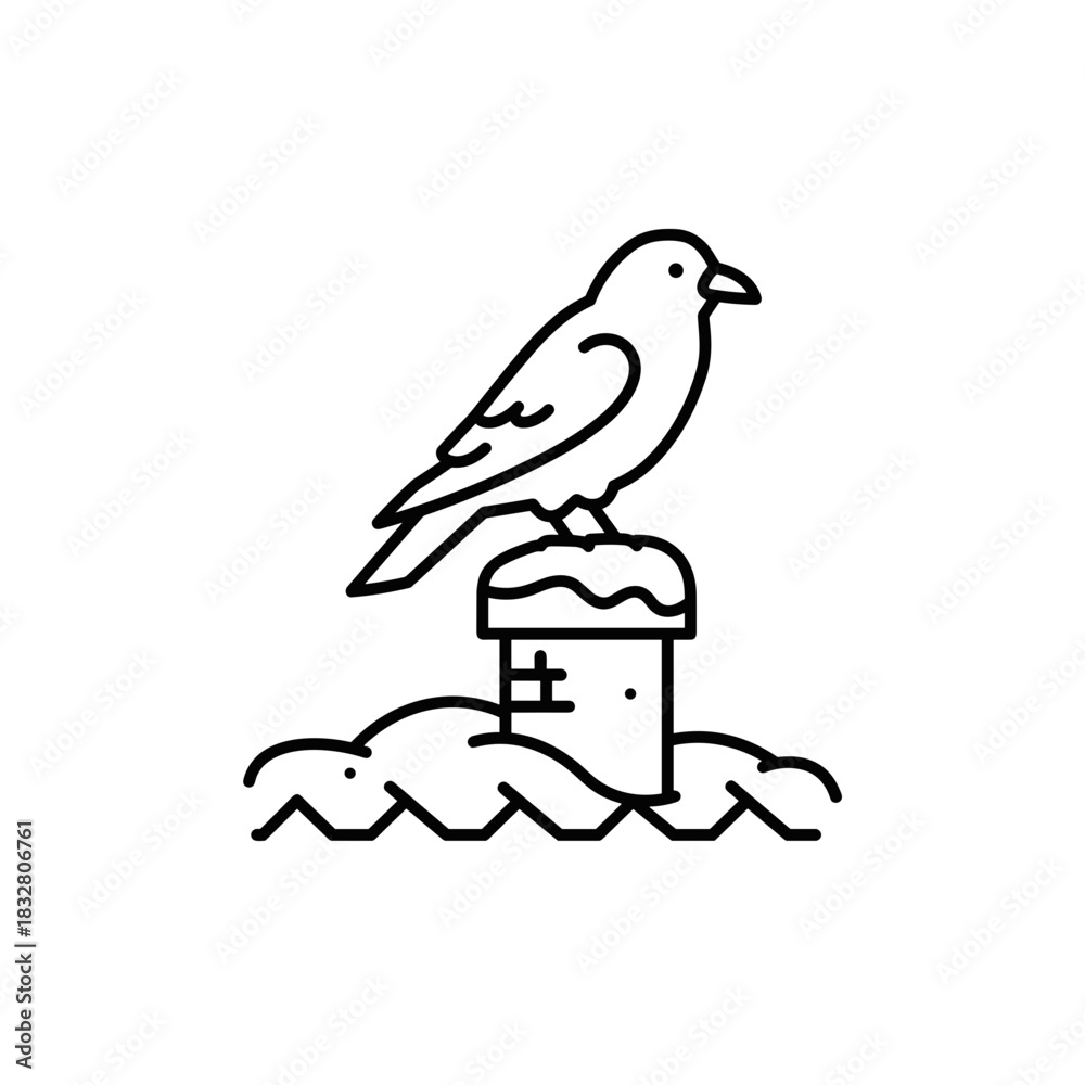 Fototapeta premium Bird on snowy chimney and roof in winter season, cold weather and home safety theme