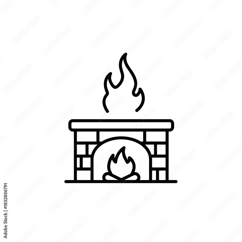 Fototapeta premium Line drawing of a fireplace with flames, home heating and interior design symbol