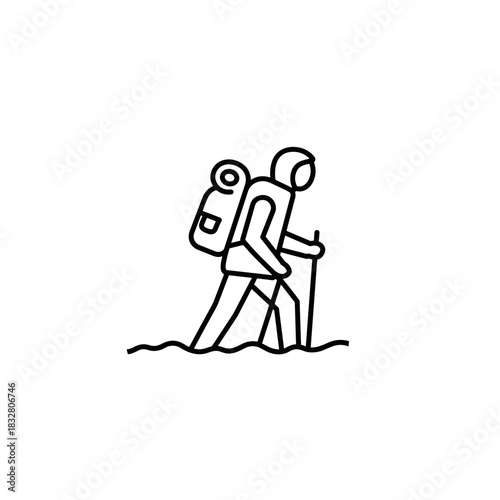 Hiking person with backpack and trekking pole, outdoor adventure and travel tourism icon