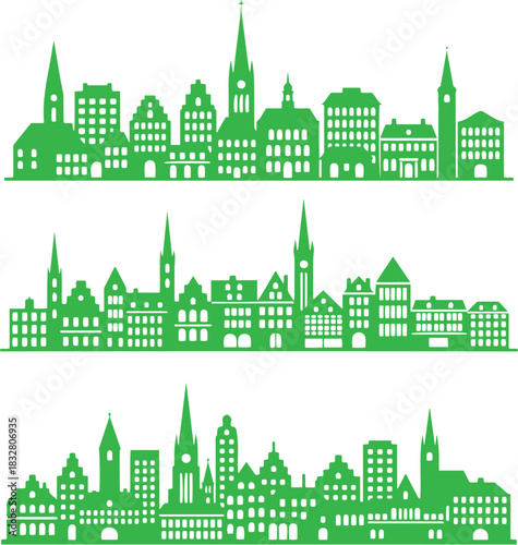 City Landscape Border with Green Town Banner and Urban Background
