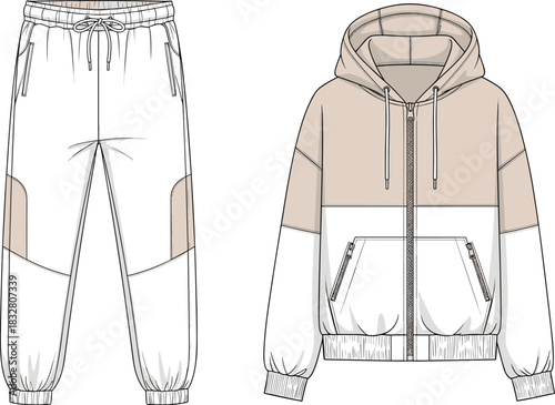 Technical flat sketch of oversized, multi-panel activewear track jacket with hood and matching elasticized jogger pants, featuring large utility pockets, drawstring waist, and cuffed ankles, perfect 