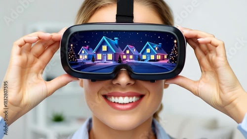Smiling Woman Viewing Winter Christmas Village in VR Goggles