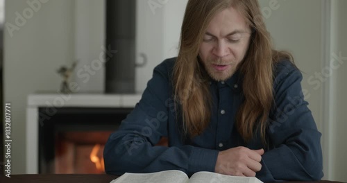 Male Christian Morning Prayer and Reading the Bible. 4K 10-bit