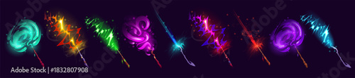 Set of magic wands with vfx light effect, vector