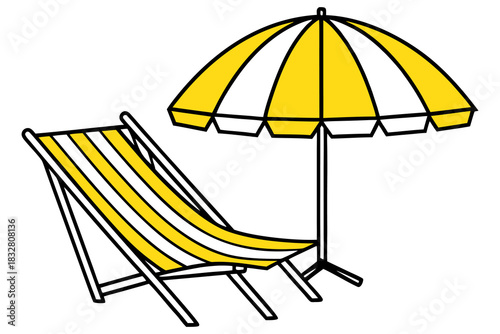 Summer Beach Relaxation Vector. Umbrella and Deck Chair Illustration.