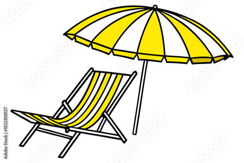 Summer Beach Relaxation Vector. Umbrella and Deck Chair Illustration.