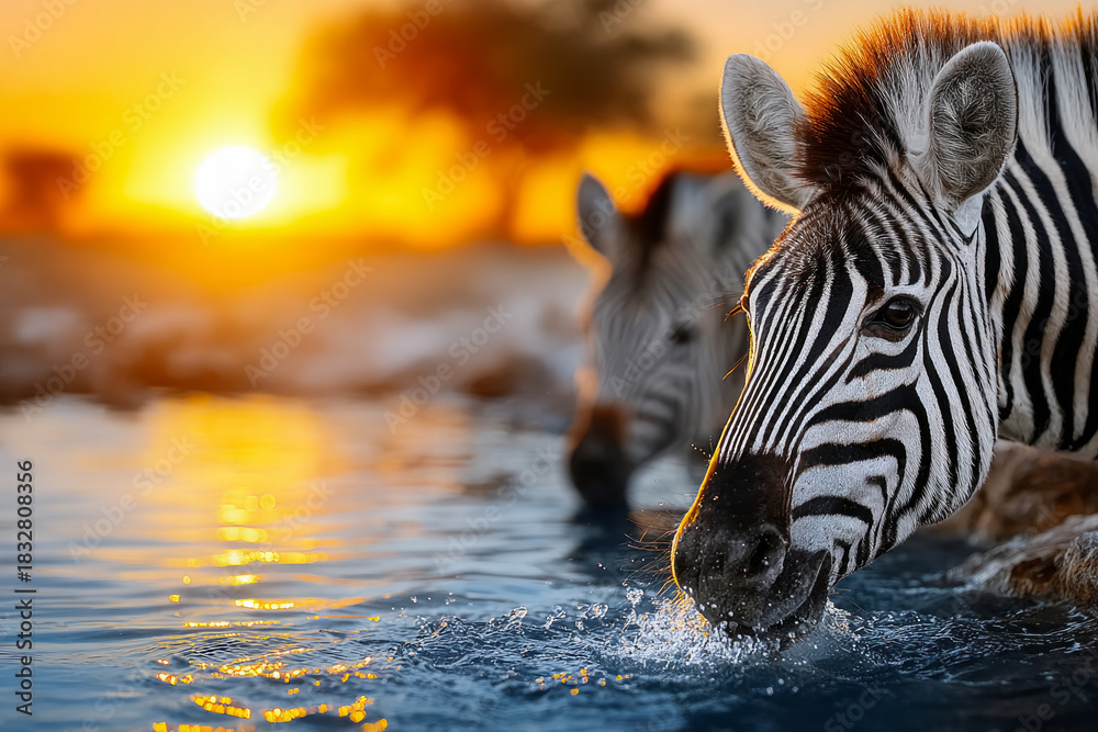Naklejka premium Zebras drinking water at sunset, showcasing natural beauty and wildlife in serene environment