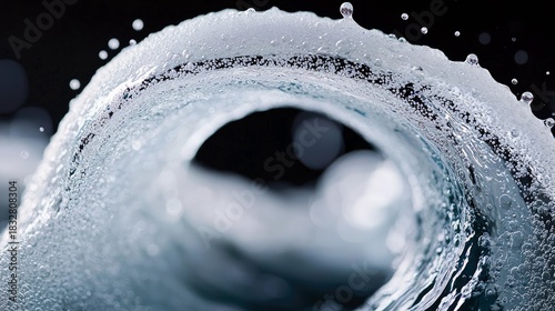 Fototapeta Naklejka Na Ścianę i Meble -  A close-up shot of a curling water wave with bubbles, set against a dark background. The wave is illuminated with dramatic lighting.
