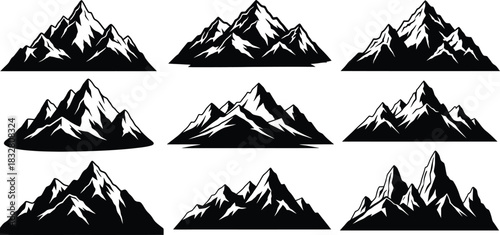 Set of nine black and white stylized mountain range icons