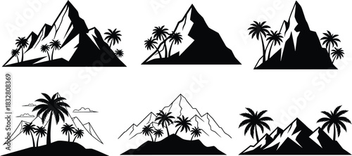 Set of six black and white mountain and palm tree silhouette icons