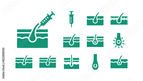 Skin Injection Icon Line Set. Medical, Dermatology Treatment Vaccine, Filler, and Hyaluronic Acid Symbol Collection. Syringe and Skin Structure Pictogram. Isolated Vector Illustration