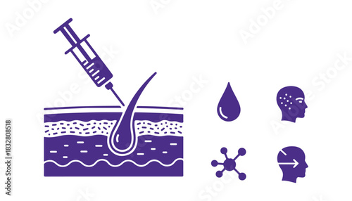 Line Icon Set for Skin Injection. Medical, Dermatology Treatment Vaccine, Filler, and Hyaluronic Acid Symbols. Pictogram of Syringe and Skin Structure. Isolated Vector Illustration
