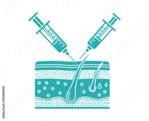 Icon Set for Skin Injection Lines. Medical, Dermatology Treatment Vaccine, Filler, and Hyaluronic Acid Symbols. Syringe and Skin Structure Pictogram. Isolated Vector Illustration