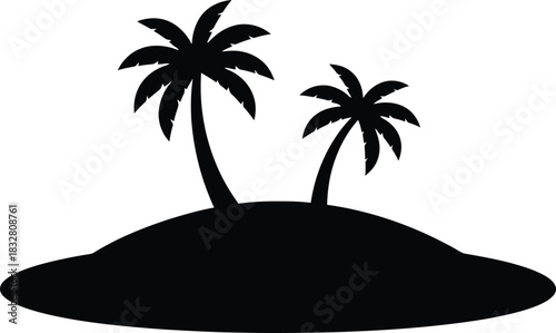 Silhouette of two palm trees growing on a small tropical island