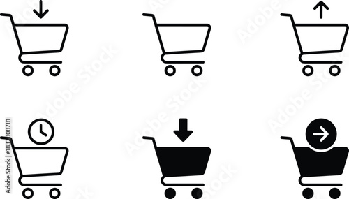 A set of four minimal line art vector icons representing shopping cart actions: adding, removing, confirmation checkmark, and clearing for e-commerce interfaces.