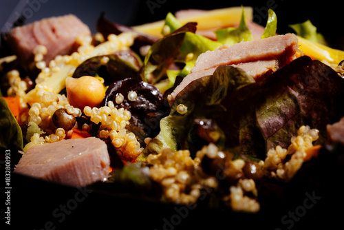 Bowl of salad with tuna steak