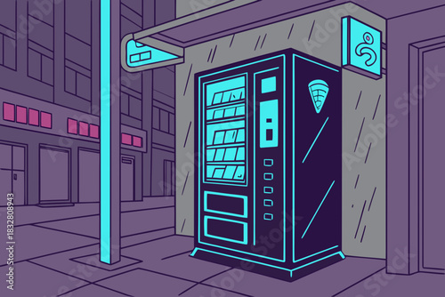Futuristic Vending Machine Illuminates Modern Urban Street at Night