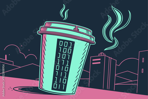 Digital Coffee Cup With Binary Code In Urban Cityscape