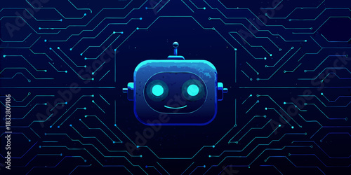 Cute robot with circuit board background in blue tones