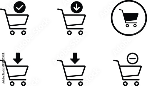 A set of six minimal black outline vector icons representing shopping cart actions including adding, checking out, and confirmation for e-commerce websites.