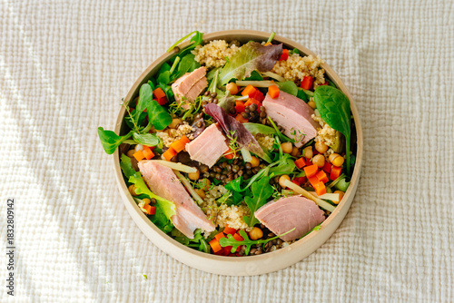 Bowl of salad with tuna steak