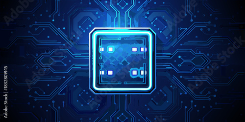 Abstract circuit board illustration with central processor in blue tones