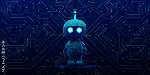 Cute robot standing on a circuit board background with glowing eyes