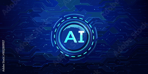 Artificial intelligence concept with circuit board background in shades of blue