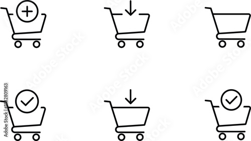 A set of six minimal black outline vector icons representing shopping cart actions including adding, checking out, and confirmation for e-commerce websites.