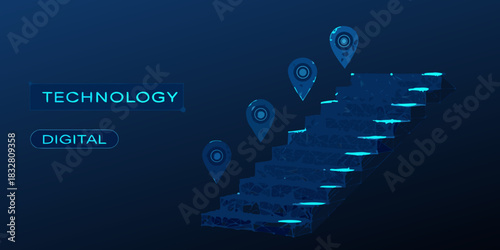 Digital technology steps with location pins on a dark blue background