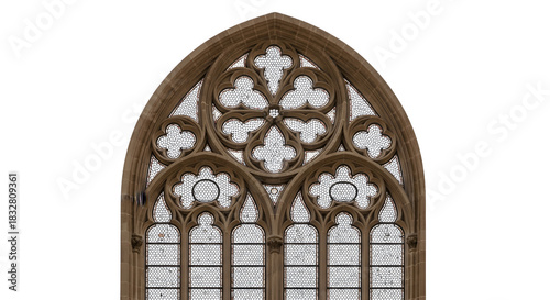 Ornate Gothic Window with Intricate Stone Carvings and Clear Glass Panes.