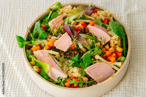 Bowl of salad with tuna steak