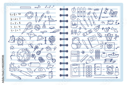 Creative vector illustration featuring an open notebook filled with educational doodles, math equations, and school supplies. Perfect for back-to-school themes and academic projects.