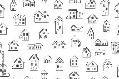 
Seamless vector illustration featuring hand-drawn houses in a repeating pattern. Various house designs create a unique, whimsical feel, perfect for backgrounds and home decor projects